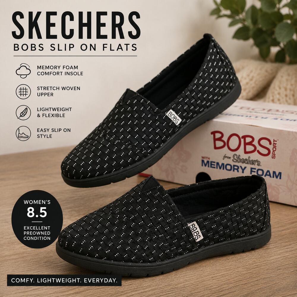 Skechers BOBS Memory Foam Black Woven Slip On Flats Women’s 8.5
